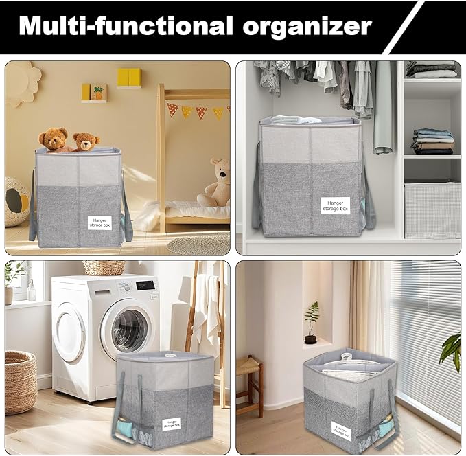 Clothes Hanger Organizer Bag with Lid,Rigid Hanger Storage Containers,Hanger Caddy Organizer Box with Handle and Label Window Keep Closet Laundry Rooms Tidy (Grey)-NeatNest