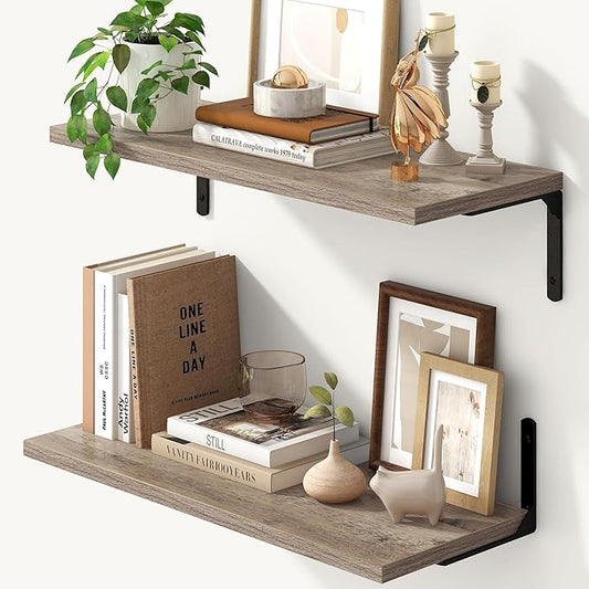Fun Memories Deep Floating Shelves, 24W x 8D Floating Shelves Set of 2, Wall Mounted Shelf with Metal Brackets, Rustic Wood Wall Shelf for Bathroom, Kitchen and Living Room, Grey-NeatNest