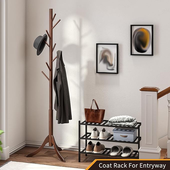 Coat Rack Freestanding, Coat Stands Entryway, Bamboo Coat Rack Hat Hanger 8 Hook for Jacket, Purse, Scarf Rack, Umbrella Tree Stand (Brown)-NeatNest