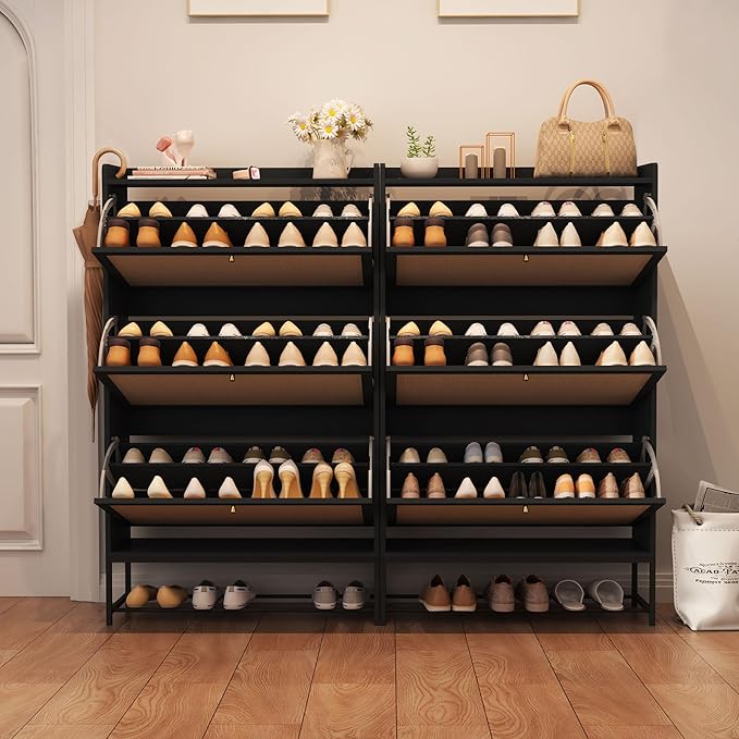AVZEAR Shoe Cabinet, Shoe Cabinet Freestanding Tipping Bucket Shoe Rack Organizer with 3 Flip Drawers, Modern Entryway Narrow Shoe Rack for Entryway, Hallway, Bedroom (Black)-NeatNest