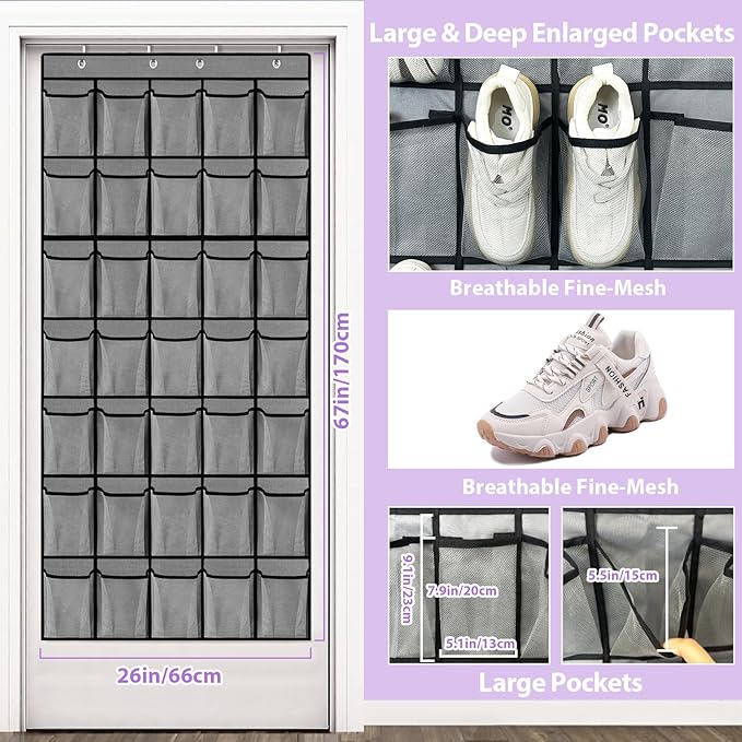 35 Large Pockets Over the Door Shoe Organizer, Extra Sturdy Oxford Fabric Hanging Shoe Rack for Door Closet, Wall Mesh Shoe Storage Holder for Mens Women Shoes (Grey)-NeatNest