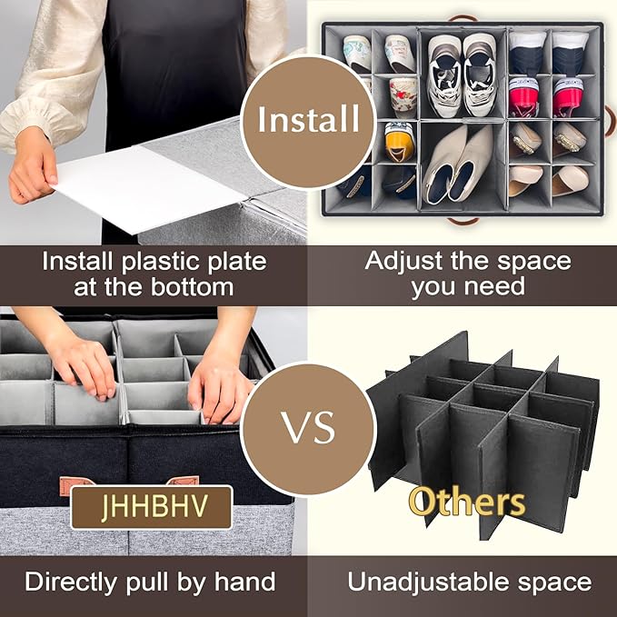 2 Pack Shoe Organizer for Closet, Adjustable Shoe Box Storage Containers, Large Foldable Shoe Bins with Clear Cover, Space Saving Shoes Holder with 4 Handles, Fits 24-48 Pairs, Black-NeatNest