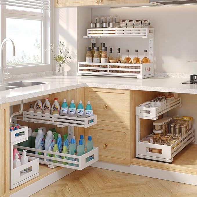2-Pack 20.47"Deep Under Sink Organizer And Storage,2-Tier L-Shaped Pull Out Cabinet Organizer with Upgraded Slide Rails,Height Adjustable Drawers for Kitchen&Bathroom,Extra-Large Storage Shelves–White-NeatNest