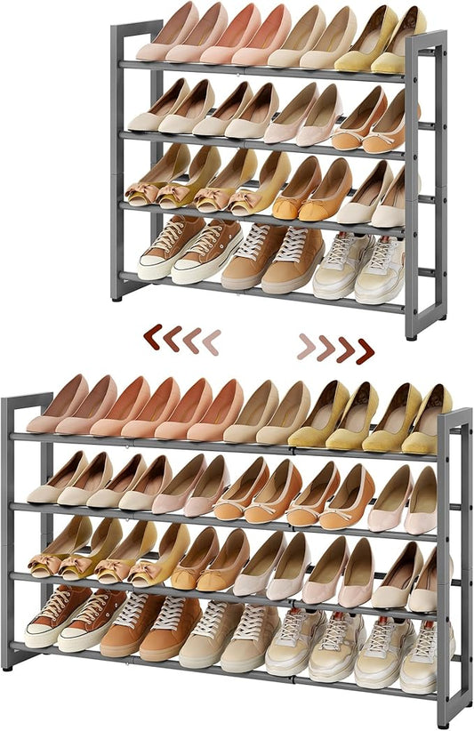 FAVOOSTY 4-Tier Expandable Shoe Rack, Adjustable Shoe Shelf Storage Organizer Space Saving Metal Free Standing Shoe Rack for Entryway Closet Doorway, Silver Grey-NeatNest