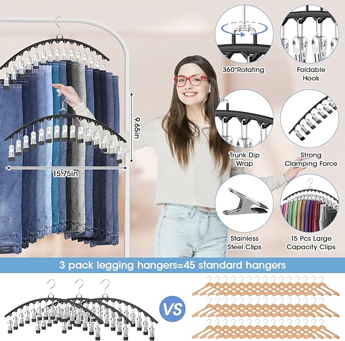 3 Pack Legging Organizer for Closet Hanging, Pants Hangers with 15 Clips Holds 45 Leggings, Shorts, Skirts, Jeans, Hats, Pants Hangers Space Saving Clothes Racks Closet Organizers and Storage, Black-NeatNest
