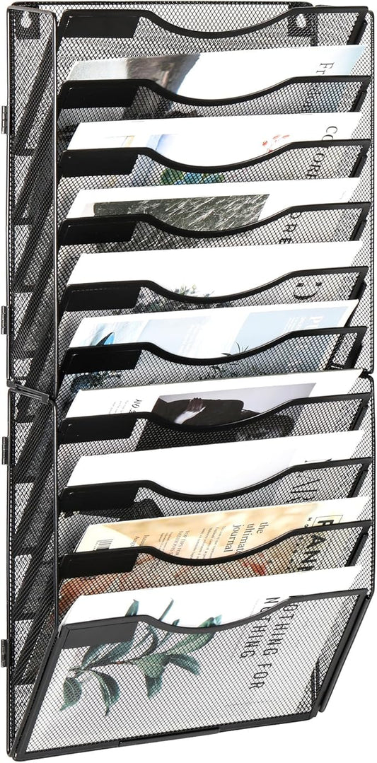 EasyPAG 10 Pocket Wall File Organizer, Black | Metal Mesh Wall Mounted File Holder | Assembly Hanging Mail Organizer | Replaceable Classify Labels | Office Home Letter Size Paper Storage
