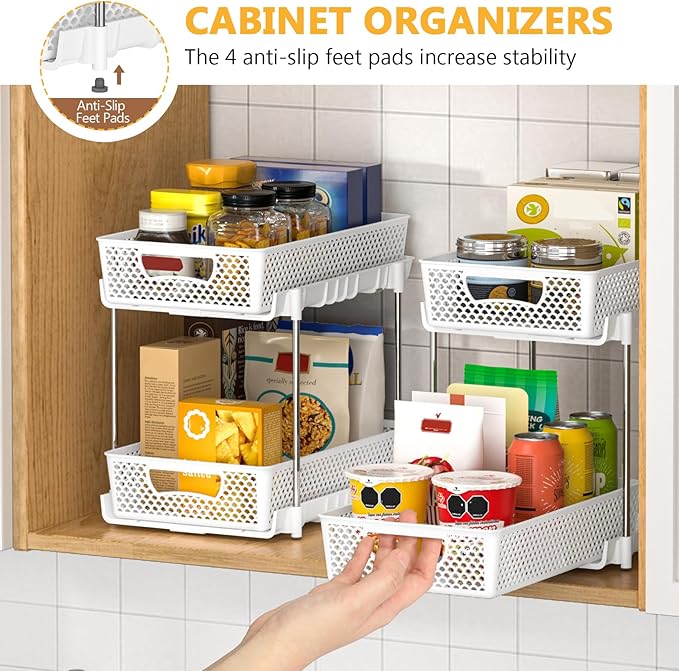2 Pack Pull Out Bathroom Organizers and Storage, 2 Tier Stackable Under Sink Storage Organizer for Bathroom, Kitchen Cabinet, Pantry, and Medicine Holder, Organization and Storage - White-NeatNest