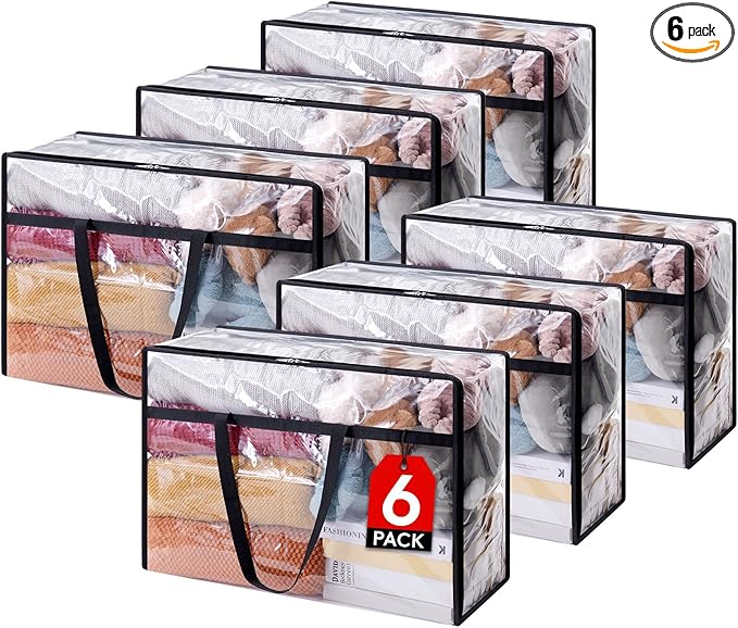 Lifewit 6 Pack Clear Clothes Storage Bags, 60L Plastic Blanket Storage Bag, Vinyl Foldable Moving Bags with Zipper, Closet Organizers and Storage Containers for Bedding, Duvet, Comforter-NeatNest