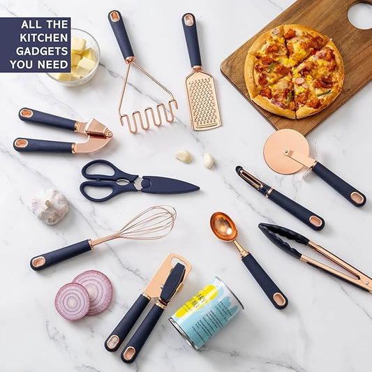 COOK WITH COLOR Kitchen Gadget Set Copper Plated Stainless Steel Utensils with Soft Touch Handles, Copper Navy, 10 Pieces-NeatNest