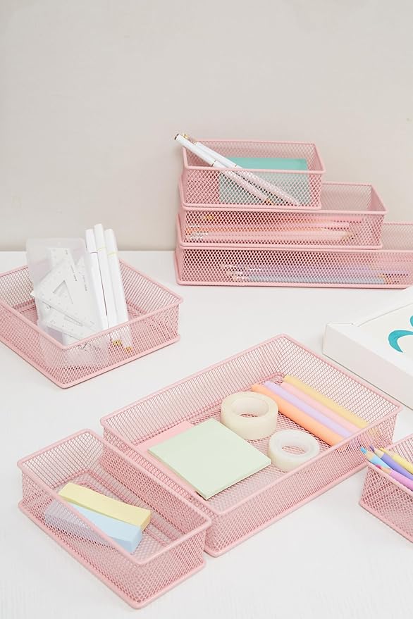 Annova Mesh Stackable Drawer Cabinet and Shelf Organizer Bins Storage Basket School Office Supply Holder Tray- Set of 2 (Light Pink, 3x9x2 Inch)-NeatNest