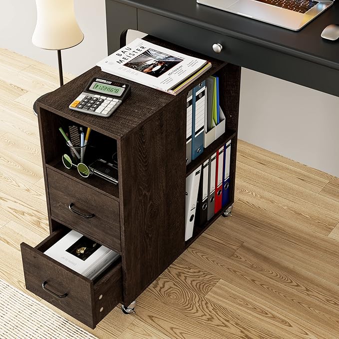 HOSTACK End Side Table, Narrow Nightstand with Storage Drawers and Adjustable Shelf, Rolling Bedside Table for Bedroom, Living Room, Home Office, Dark Brown, Set of 2