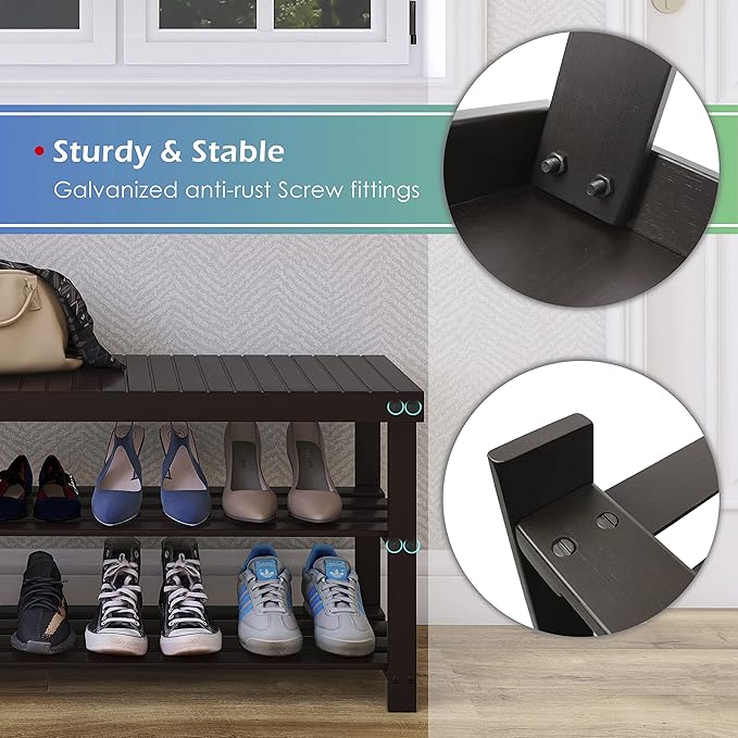SMIBUY Sturdy Bamboo Shoe Rack Bench, 3-Tier Shoe Organizer, Storage Shelf for Entryway Hallway Bathroom Living Room (Dark Brown)-NeatNest