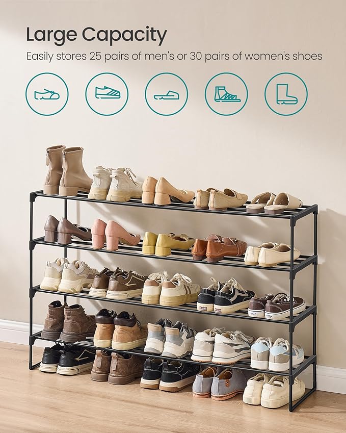 SONGMICS Shoe Rack, 4-Tier Shoe Organizer, Metal Storage Shelf, Upright or Upside Down, for 25-30 Pairs, Stackable, for Entryway, 11.8 x 46.1 x 29.5 Inches, Black ULSA034B01-NeatNest