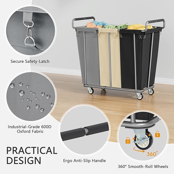 Large laundry hamper with Wheels, 360L 3 Bag Big Rolling Laundry Hamper Sorter Cart, Extra Large Laundry Clothes Hamper, Heavy Duty Laundry Basket Organizer for Laundry Room,Bathroom