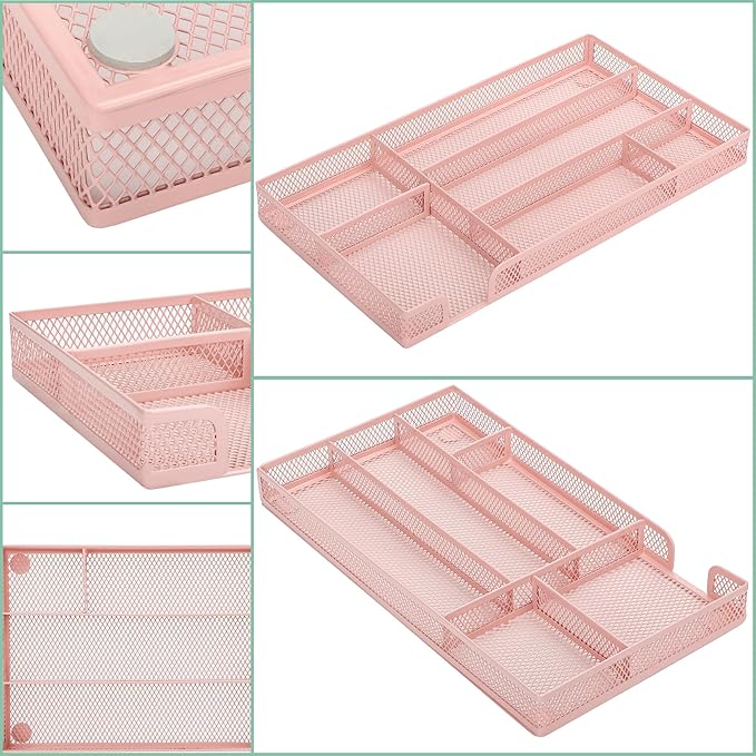 Annova Desk Drawer Organizer Tray for Office Organization - Metal Mesh - Storage Tray with Dividers for Pens, Desktop Accessories, Bathroom, Kitchen, Makeup and Office Supplies (Small, Light Pink)-NeatNest
