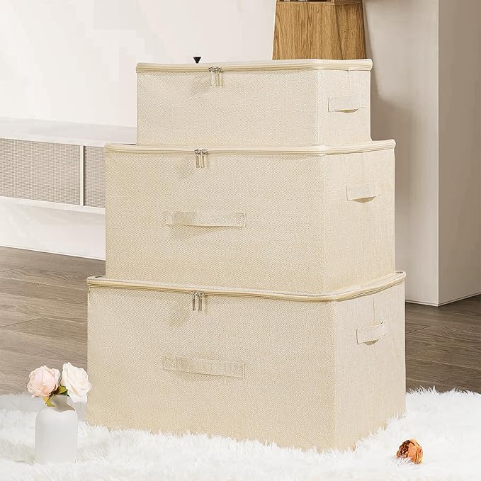 ANMINY 2PCS Storage Bins with Zipper Lids 36 Qt Lidded Fabric Storage Boxes Baskets Cubes with Handles Collapsible Washable Cotton Linen Closet Shelf Clothes Organizer Containers - Beige, Large-NeatNest
