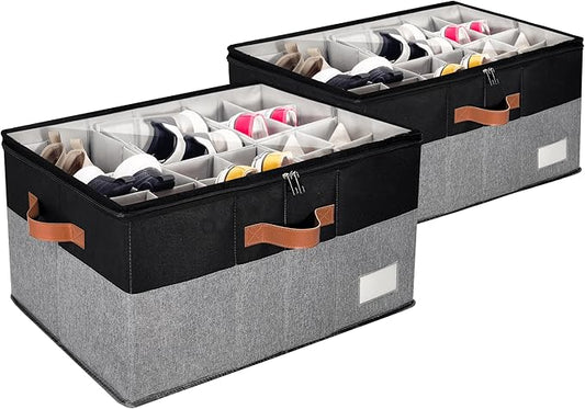 2 Pack Shoe Organizer for Closet, Adjustable Shoe Box Storage Containers, Large Foldable Shoe Bins with Clear Cover, Space Saving Shoes Holder with 4 Handles, Fits 24-48 Pairs, Black-NeatNest