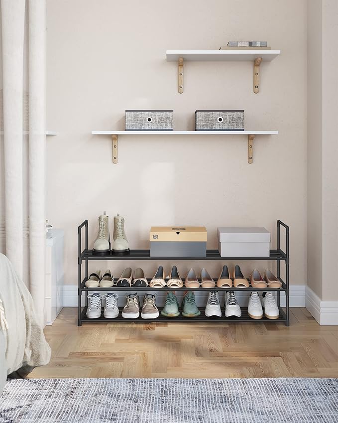 SONGMICS Shoe Rack, 3-Tier Shoe Organizer, Metal Storage Shelf, Upright or Upside Down, for 20-24 Pairs, Stackable, for Entryway, 11.8 x 46.1 x 21.7 Inches, Black ULSA033B01-NeatNest