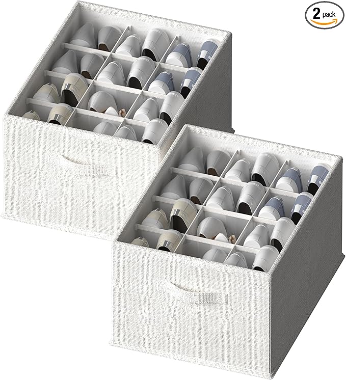 2 Pack Shoe Organizer for Closet,Foldable Shoe Organizer,Fits up to 24 Pairs,Storage Containers With Bottom Support for Shoes (Whtie, 16.5 * 12.6 * 9.5in)-NeatNest