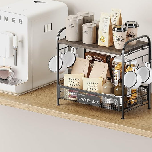 Coffee Bar Organizer for Countertop Station, Simple Assembly 2 Tier Shelf for Home,Office, Coffee Cup Holder Storage Organization for Counter Accessory Storage Rack with 4 Hooks Space-Saving-NeatNest