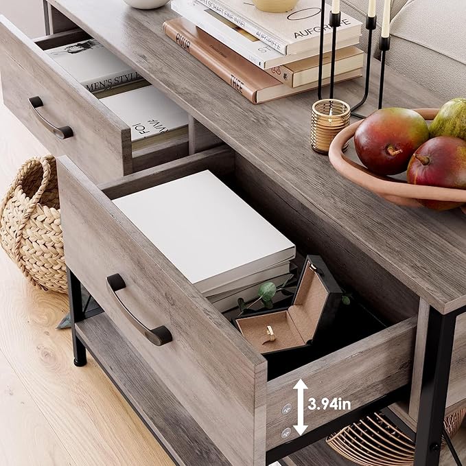 HITHOS Industrial Console Table with Drawers, Vintage Hallway Foyer Table with Storage Shelves, Narrow Long Sofa Entryway Table for Living Room, Grey-NeatNest