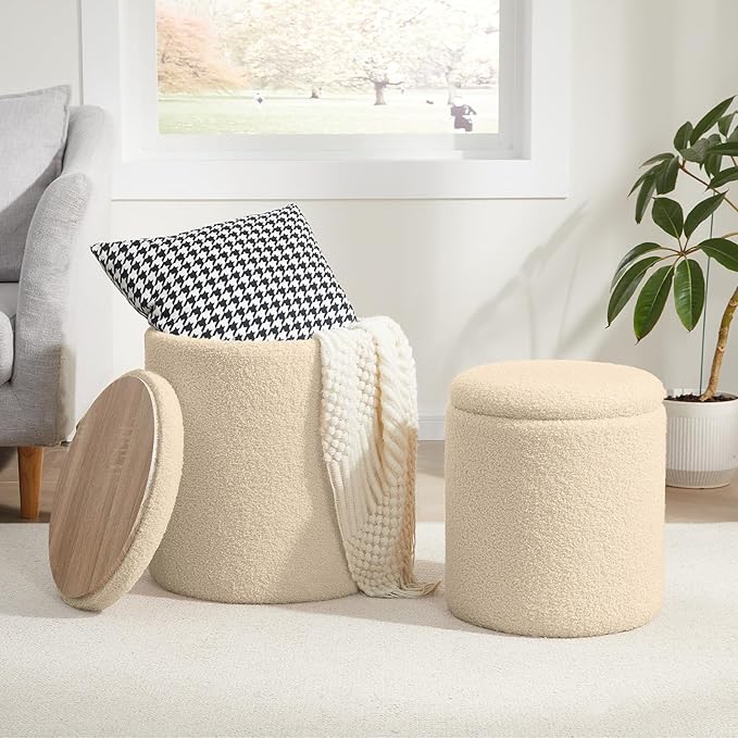 Boucle Round Ottoman with Storage Set of 2,Small Foot Stool Ottoman for Living Room, Small Coffee Table,Vanity Stool with Storage for Bedroom, Beige-NeatNest