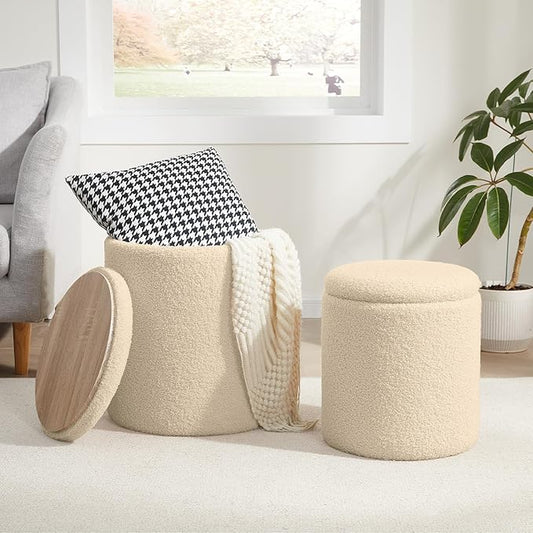 Boucle Round Ottoman with Storage Set of 2,Small Foot Stool Ottoman for Living Room, Small Coffee Table,Vanity Stool with Storage for Bedroom, Beige-NeatNest