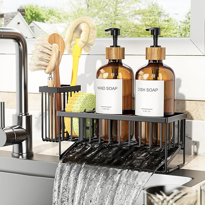 Cisily Kitchen Dish Soap Dispenser Set with 2 Pack Amber Glass, Kitchen Soap Dispensers with Adjustable Black Sink Caddy, Vintage Kitchen Soap Dispenser Set, Hand and Dish Soap Dispensers Set-NeatNest