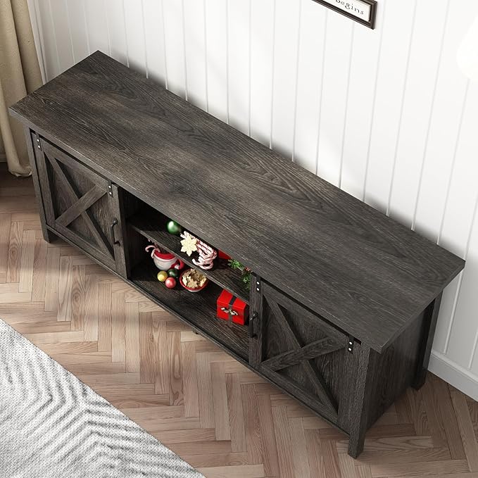 58" Farmhouse TV Stands for 55 60 70 inch TV w/Adjustable Shelves,Sliding Barn Door.Wooden Entertainment Center,TV Console Cabinet with Storage for Bedroom Living Room(Dark Grey)-NeatNest