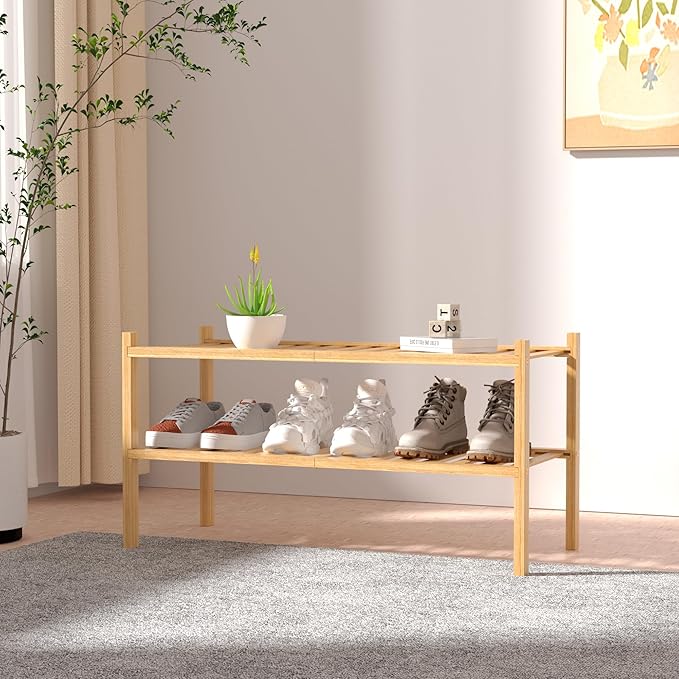2 Tier Bamboo Shoe Rack for Closet Free Standing Wood Shoe Shelf for Entryway Small Space Stackable 27"x11"x13" (Natural)-NeatNest