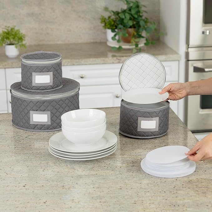 China Storage Case - Salad Plate Quilted Case - 10" W x 6" H - Gray - Includes 12 Felt Separators - Stackable With Padded Interior to Store your Dinnerware Dishes-NeatNest