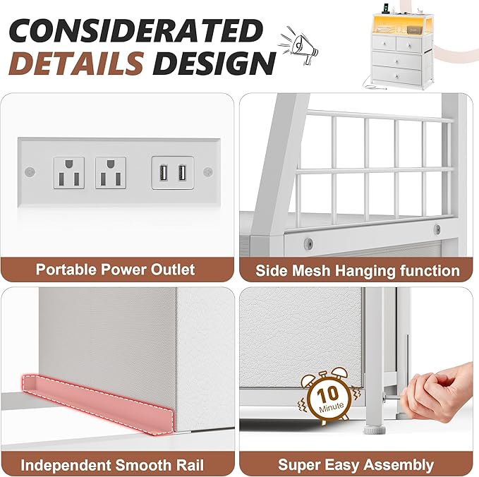 EnHomee Nightstand Set of 2, Night Stand with Charging Station & LED Lights, Bedside Table with 4 Fabric Drawers for Bedroom, Side Table with Outlets and 2 Ports, White