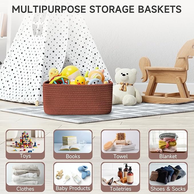 3-Pack Shelf Baskets for Organizing, Closet Organizer Bins, Small Woven Baskets, Rope Toy Basket, Storage Basket for Shelves, Cube Decorative Box, 11.5×7.5×4.7”, Oxide Red-NeatNest
