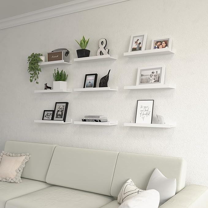 Floating Shelves Set of 9, White Wall Shelves with Lip, Display Shelves for Wall Decor, Modern Picture Ledge for Living Room, Bedroom, Nursery, Bathroom, Pictures, Books, Plants- White-NeatNest