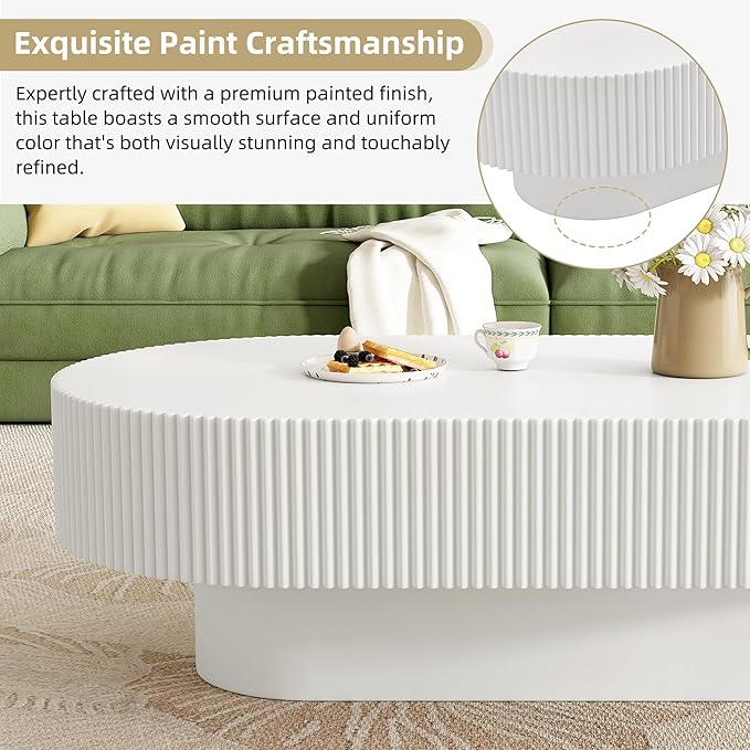 KEVINSPACE Oval Coffee Table for Living Room Modern Wood Center Tables Cocktail Fluted 43.3" W Reception Room Easy Assemble, White