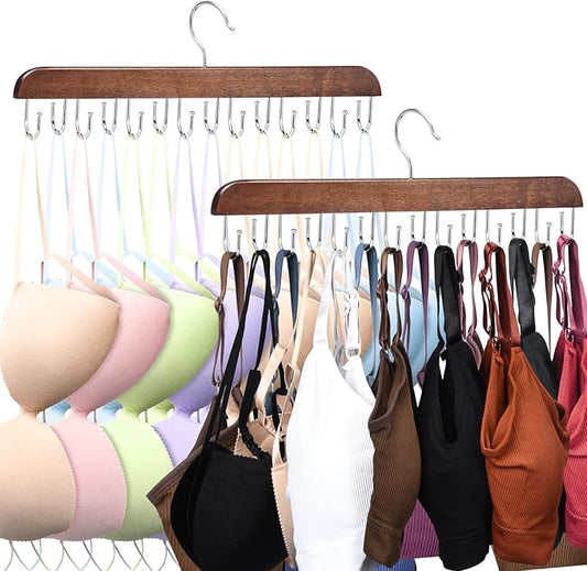 Bra and Tank Top Closet Organizer Hangers, 2-Pack with 14 Hooks, Foldable Wooden Space-Saving Hanger, 360° Rotating Closet Organizer for Bras, Tank Tops, Scarves, and More (Brown)-NeatNest