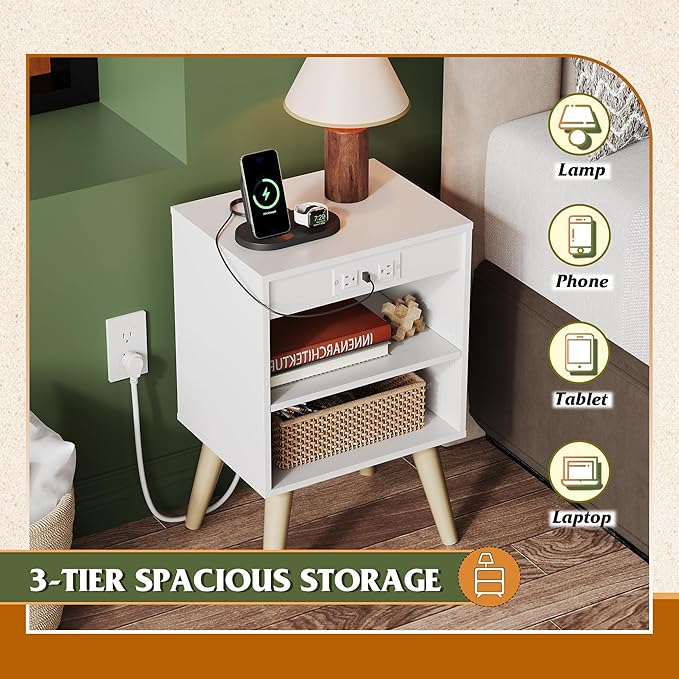 WLIVE White Nightstand, Bedside Tables, Night Stand with Charger Station, Side Table with Storage Shelf, End Table with USB Ports and Outlets for Bedroom, 15.12" D x 11.73" W x 23.74" H