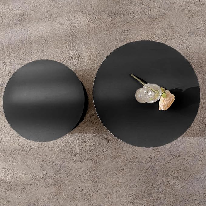 Round Coffee Table Set of 2, Nesting Coffee Table and End Table Set Small Circle Drum Side Table for Living Room Office, No Assembly (A Black Large)