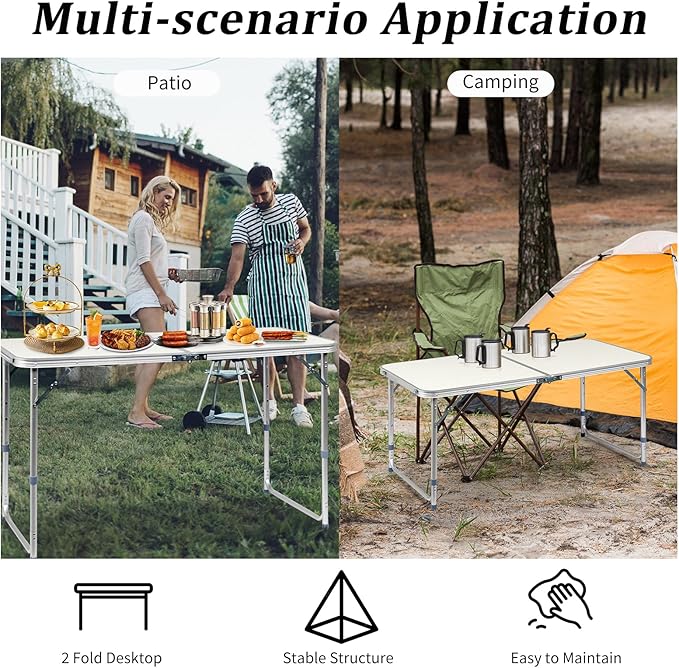 Aluminum Folding Table, Multipurpose Picnic Camping Table, Portable and Adjustable Rectangle Table for Party, Beach, Backyard, BBQ, Indoor and Outdoor, White (4FT-47.2 x 23.6 x 21.3-27.6”)-NeatNest
