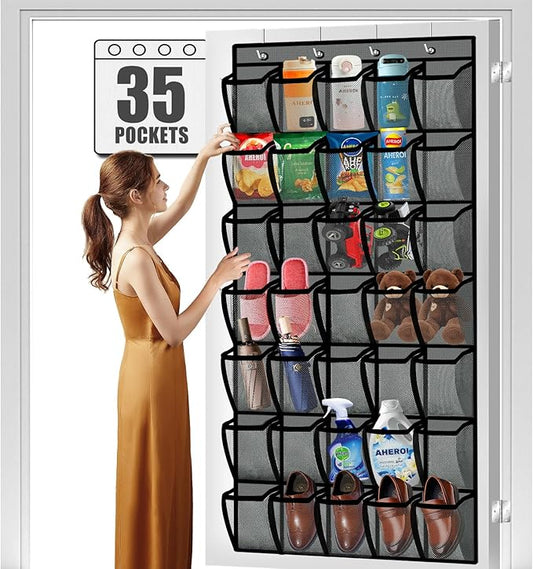 Aheroi Over the Door Shoe Organizer, 35 Pockets Mesh Shoe Organizer Door Hanger, Large Hanging Shoe Rack Holds Up to 40 lbs, Closet Shoe Behind Door Shoe Rack, Gray Durable Shoe Storage Hanging Bag