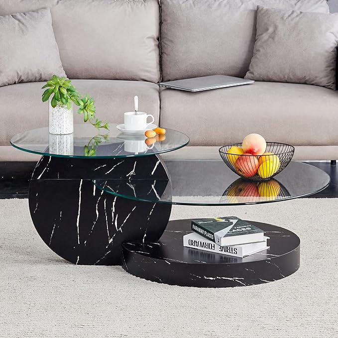 Glass Coffee Tables for Living Room Round Coffee Tables Modern Double Layer Round Table Circle Coffee Table for Small Space Home Office (42 Inch Black)