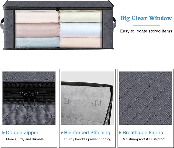 HomeHacks Storage 4-Pack Clothes Organizer Storage Bags Foldable Storage Box with Large Clear Window Sturdy Handles for Closet, Dorm, Pillows, Bedding, Clothes, Stuffed Toys, Blankets, Grey-NeatNest