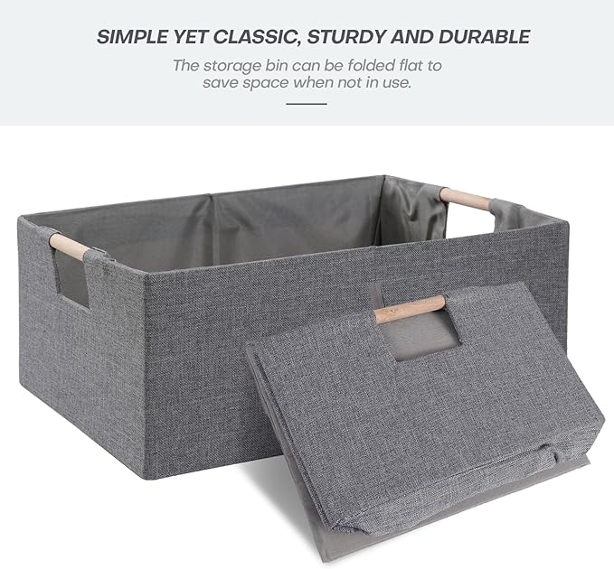ANMINY 2PCS Storage Baskets for Organizing Collapsible Fabric Storage Bins Boxes with Wood Handles Closet Shelves Cube Organizer Bins Clothes Laundry Storage Container - Medium, Gray-NeatNest