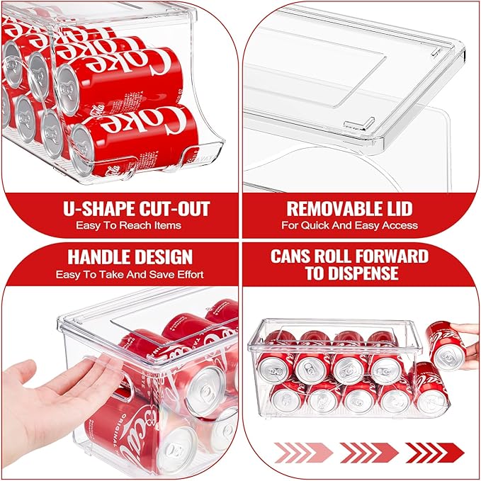 2 Pack Stackable Refrigerator Organizer, Soda Can Dispenser Pop Cans Container Beverage Holder with Lid for Fridge, Freezer, Kitchen, Clear Plastic Storage Bins-Holds 10 Cans Each (Clear)