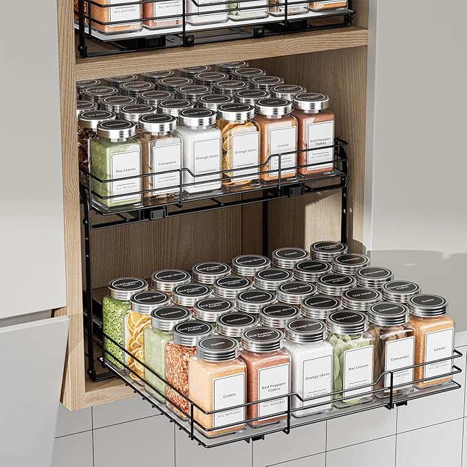 2-Tier Pull Out Spice Rack, Spice Rack Organizer, Pull Out Spice Racks for Inside Cabinets, Height Adjustable Heavy Duty Metal Basket for Inside Cabinet & Pantry (13.5''Wx10.5''Dx9.5''H)-NeatNest