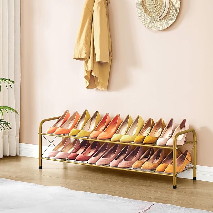 Hoctieon 2 Tier Shoe Rack for Closet, Durable Mesh Style Shoe Rack, Entryway Shoe Shelf, Shoe Storage Organizer for Hallway, Bedroom, Living Room, Wardrobe, Gold-NeatNest