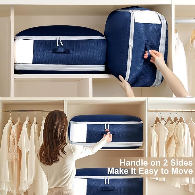 Comforter Storage Bag - Large Capacity Blanket Storage Bags 3-Layer Ultra Space Saving Self Compression Organizer, Washable Compression Bags for Storage Comforter Blanket, 8-Pack, Navy Blue-NeatNest