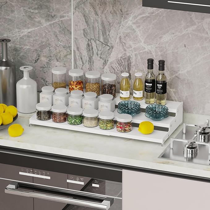 Expandable Spice Rack Storage organizer with 3-Tier step shelf cabinet,seasoning racks organizion.Great for Kitchen countertop shelves,Pantry and more(2Packs/White)-NeatNest