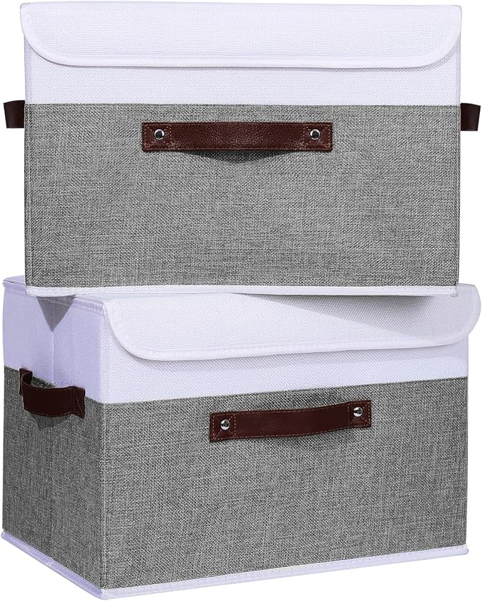 ANMINY 4PCS Storage Boxes with Lid Washable Decorative Storage Bins Basket with PU Leather Handle Foldable Linen Fabric Storage Cubes Containers for Home Closet Organizer - Gray White, Large Size-NeatNest
