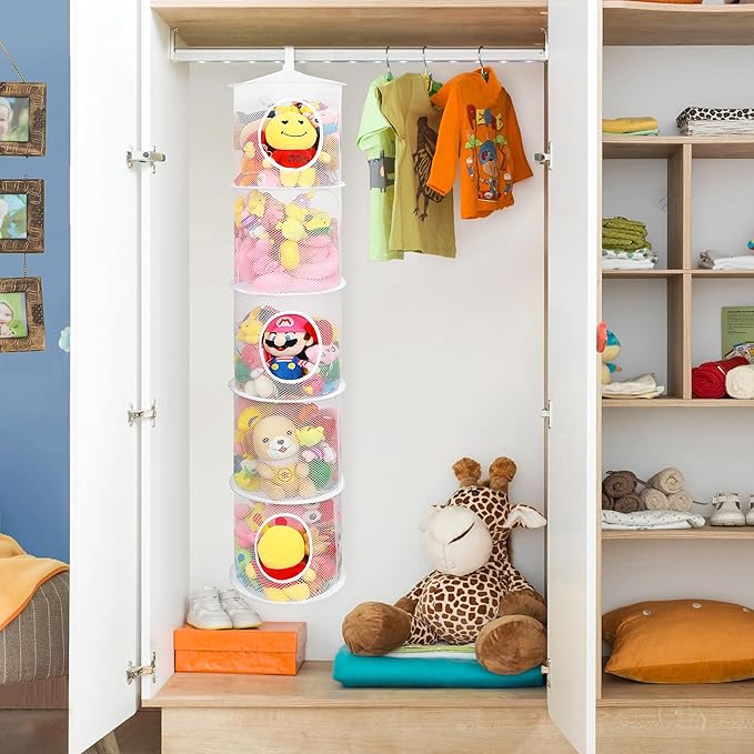 2Pcs Hanging Mesh Space Saver Bags Organizer, Foldable Stuffed Animal Storage Organizer 5 Compartments Toy Storage Organizer for Kid Room Toys, Gloves,Hats,Socks Storage, White-NeatNest